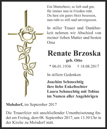 Traueranzeige von Renate Brzoska von Thüringer Allgemeine, Thüringische Landeszeitung