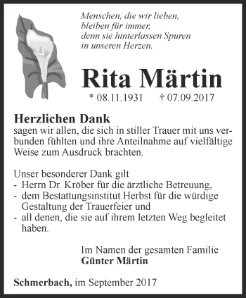 Traueranzeige von Rita Märtin von Ostthüringer Zeitung, Thüringische Landeszeitung