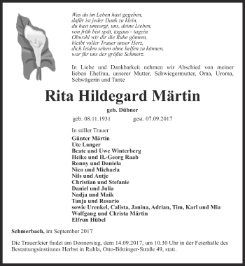 Traueranzeige von Rita Hildegard Märtin von Ostthüringer Zeitung, Thüringische Landeszeitung