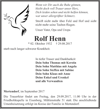 Traueranzeige von Rolf Henn von Ostthüringer Zeitung