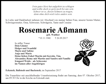 Traueranzeige von Rosemarie Aßmann von Thüringer Allgemeine, Thüringische Landeszeitung