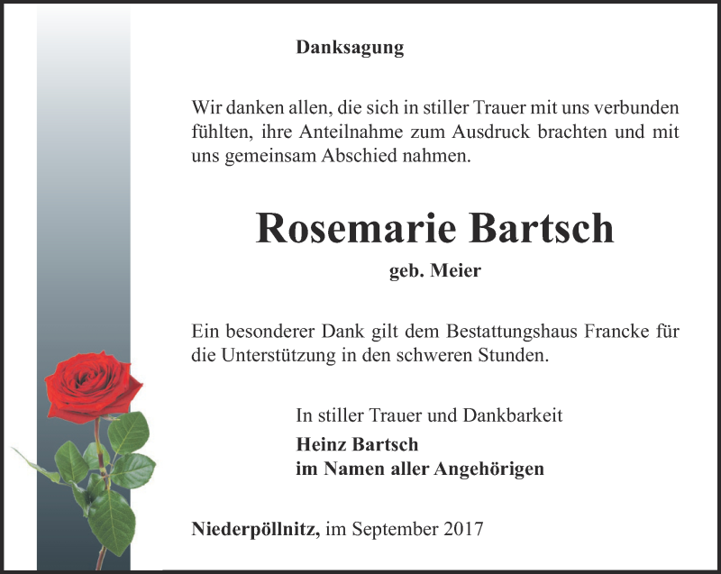  Traueranzeige für Rosemarie Bartsch vom 09.09.2017 aus Ostthüringer Zeitung