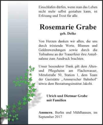 Traueranzeige von Rosemarie Grabe von Thüringer Allgemeine, Thüringische Landeszeitung