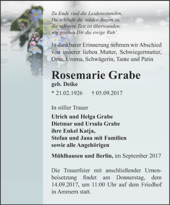 Traueranzeige von Rosemarie Grabe von Thüringer Allgemeine, Thüringische Landeszeitung