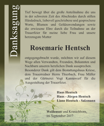 Traueranzeige von Rosemarie Hentsch von Thüringer Allgemeine