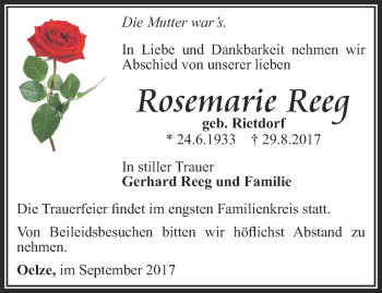 Traueranzeige von Rosemarie Reeg von Ostthüringer Zeitung