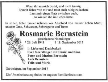 Traueranzeige von Rosmarie Bernstein von Ostthüringer Zeitung