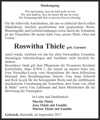 Traueranzeige von Roswitha Thiele von Thüringer Allgemeine, Thüringische Landeszeitung