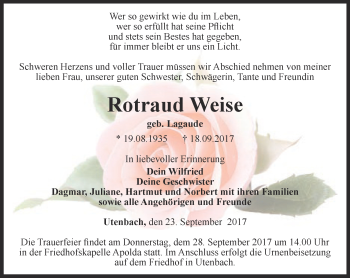 Traueranzeige von Rotraud Weise von Thüringer Allgemeine, Thüringische Landeszeitung