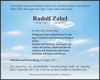 Traueranzeige von Rudolf Zabel von Thüringer Allgemeine