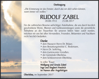 Traueranzeige von Rudolf Zabel von Thüringer Allgemeine