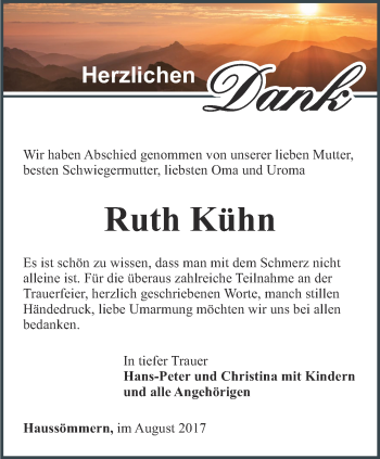 Traueranzeige von Ruth Kühn von Thüringer Allgemeine, Thüringische Landeszeitung