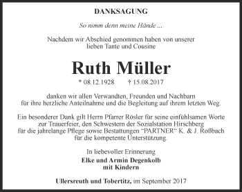 Traueranzeige von Ruth Müller von Ostthüringer Zeitung