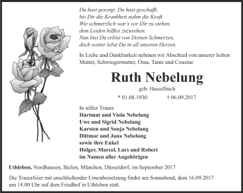 Traueranzeige von Ruth Nebelung von Thüringer Allgemeine