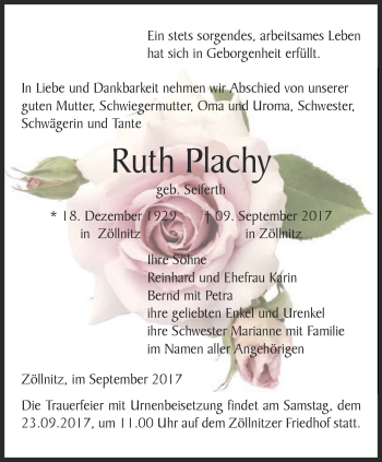 Traueranzeige von Ruth Plachy von Ostthüringer Zeitung, Thüringische Landeszeitung