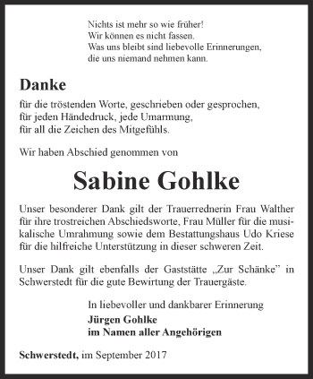 Traueranzeige von Sabine Gohlke von Thüringer Allgemeine