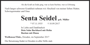 Traueranzeige von Senta Seidel von Thüringer Allgemeine