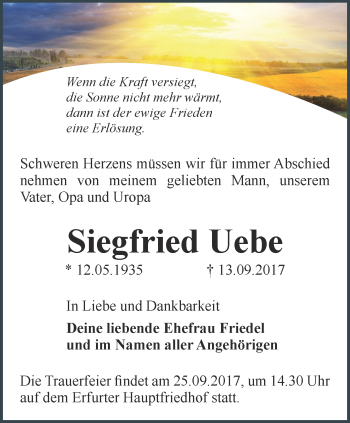 Traueranzeige von Siegfried Uebe von Thüringer Allgemeine, Thüringische Landeszeitung