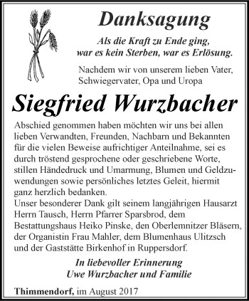 Traueranzeige von Siegfried Wurzbacher von Ostthüringer Zeitung