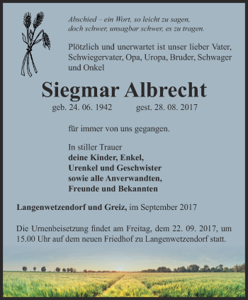 Traueranzeige von Siegmar Albrecht