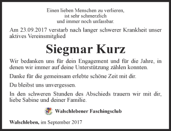 Traueranzeige von Siegmar Kurz von Thüringer Allgemeine, Thüringische Landeszeitung