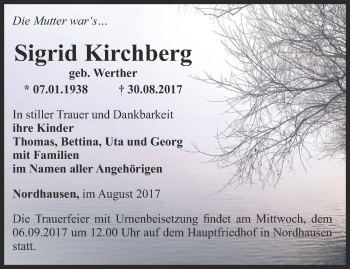 Traueranzeige von Sigrid Kirchberg von Thüringer Allgemeine