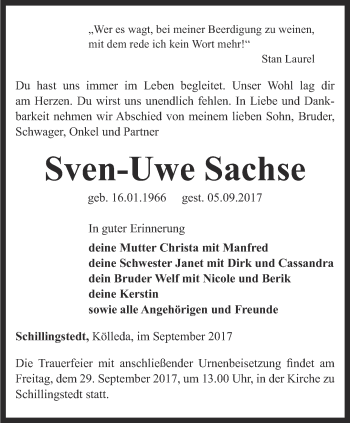 Traueranzeige von Sven-Uwe Sachse von Thüringer Allgemeine