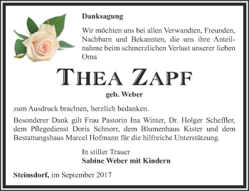 Traueranzeige von Thea Zapf von Ostthüringer Zeitung