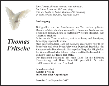 Traueranzeige von Thomas Fritsche von Ostthüringer Zeitung, Thüringische Landeszeitung