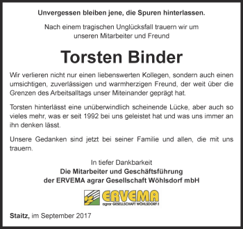 Traueranzeige von Torsten Binder von Ostthüringer Zeitung