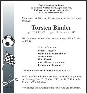 Traueranzeige von Torsten Binder von Ostthüringer Zeitung