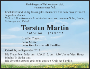 Traueranzeige von Torsten Martin von Ostthüringer Zeitung, Thüringische Landeszeitung