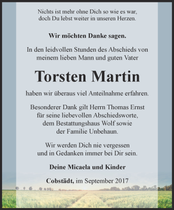 Traueranzeige von Torsten Martin von Ostthüringer Zeitung, Thüringische Landeszeitung