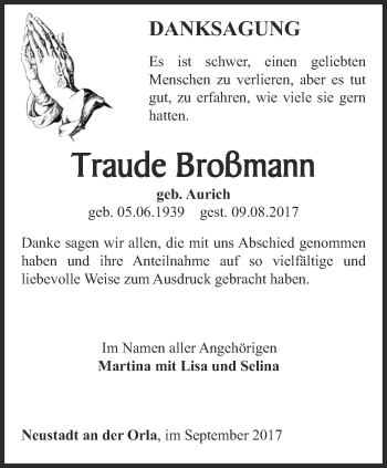 Traueranzeige von Traude Broßmann