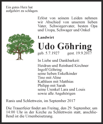 Traueranzeige von Udo Göhring von Ostthüringer Zeitung