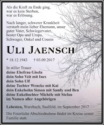 Traueranzeige von Uli Jaensch von Ostthüringer Zeitung