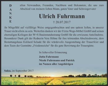 Traueranzeige von Ulrich Fuhrmann von Thüringer Allgemeine