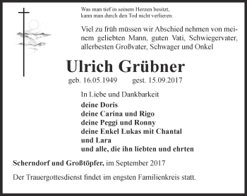 Traueranzeige von Ulrich Grübner von Thüringer Allgemeine