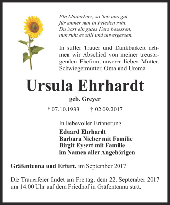 Traueranzeige von Ursula Ehrhardt von Thüringer Allgemeine, Thüringische Landeszeitung