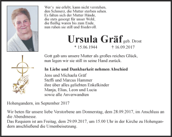 Traueranzeige von Ursula Gräf von Thüringer Allgemeine