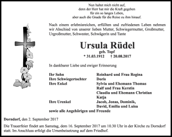 Traueranzeige von Ursula Rüdel von Ostthüringer Zeitung, Thüringische Landeszeitung