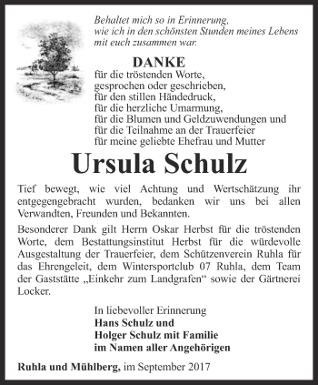 Traueranzeige von Ursula Schulz von Thüringer Allgemeine, Thüringische Landeszeitung