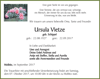 Traueranzeige von Ursula Vietze von Ostthüringer Zeitung