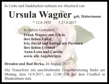 Traueranzeige von Ursula Wagner von Thüringer Allgemeine, Thüringische Landeszeitung