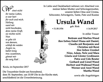 Traueranzeige von Ursula Wand von Thüringer Allgemeine, Thüringische Landeszeitung