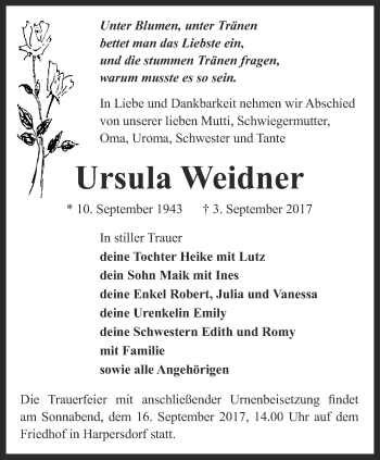 Traueranzeige von Ursula Weidner von Ostthüringer Zeitung