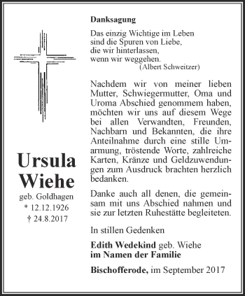 Traueranzeige von Ursula Wiehe von Thüringer Allgemeine