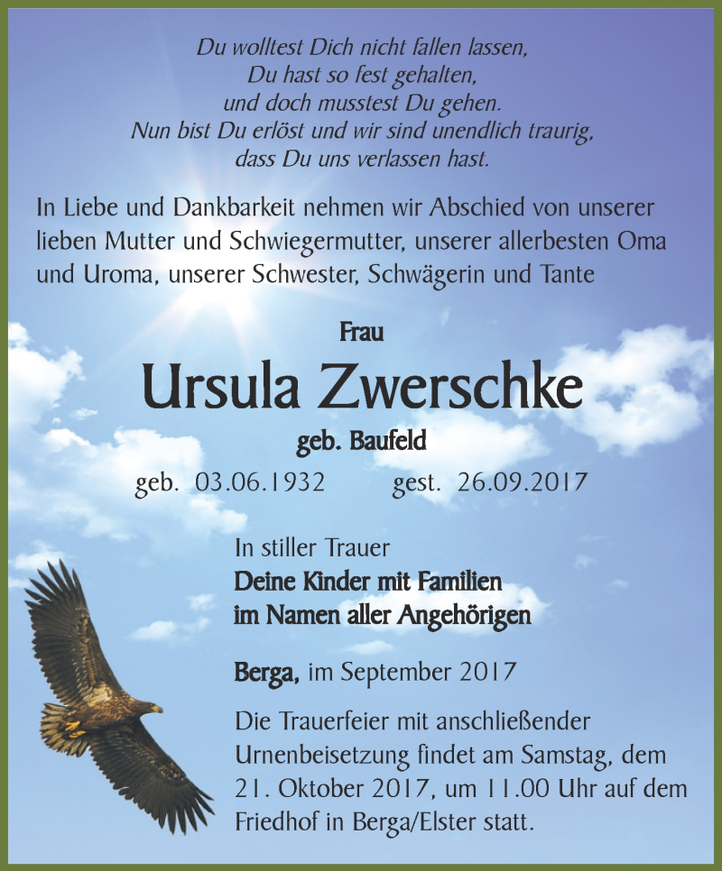 Traueranzeige für Ursula Zwerschke vom 30.09.2017 aus Ostthüringer Zeitung
