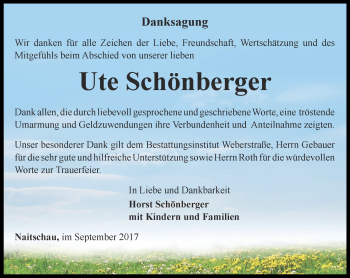 Traueranzeige von Ute Schönberger von Ostthüringer Zeitung