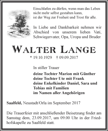 Traueranzeige von Walter Lange